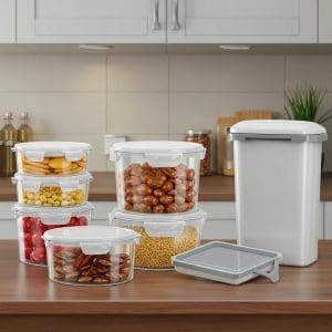 Clean kitchen with airtight containers and sealed waste bin for cockroach prevention