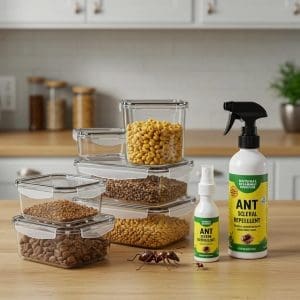 Clean kitchen with sealed food containers and natural ant repellent, emphasizing ant prevention strategies