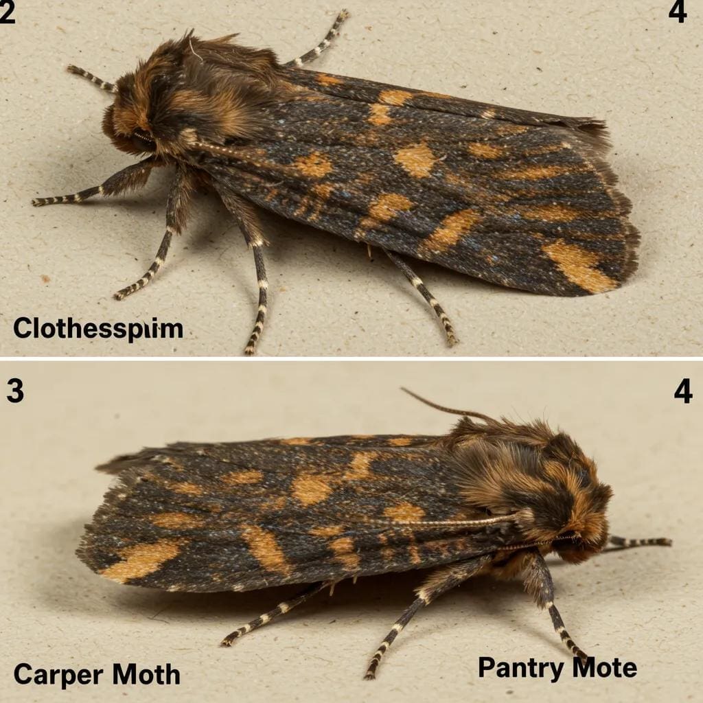 Detailed images of the Common Clothes Moth, Carpet Moth, and Pantry Moth, aiding in identification and understanding the damage they cause