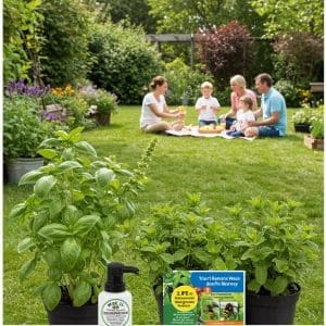 Family enjoying a picnic in a garden with wasp-repelling plants like basil and lavender