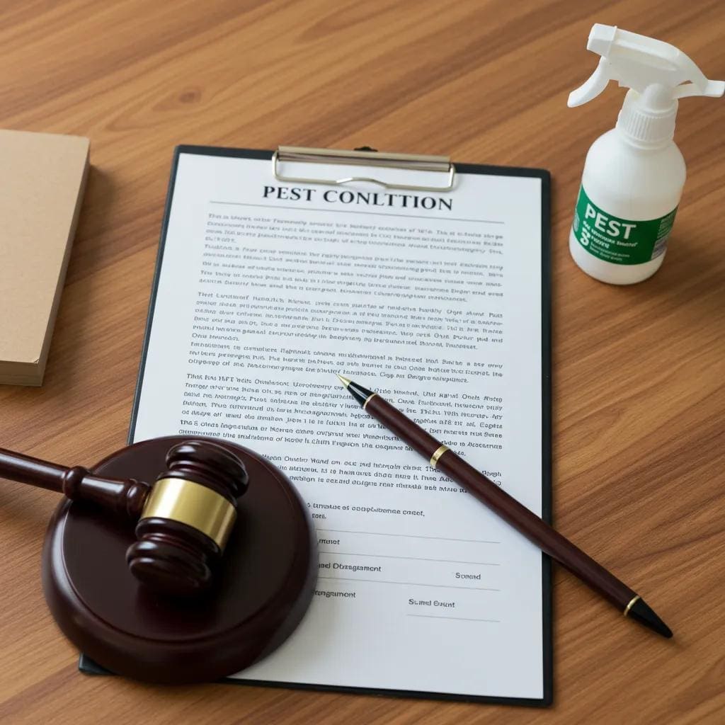 Legal document and pest control tools representing landlord obligations
