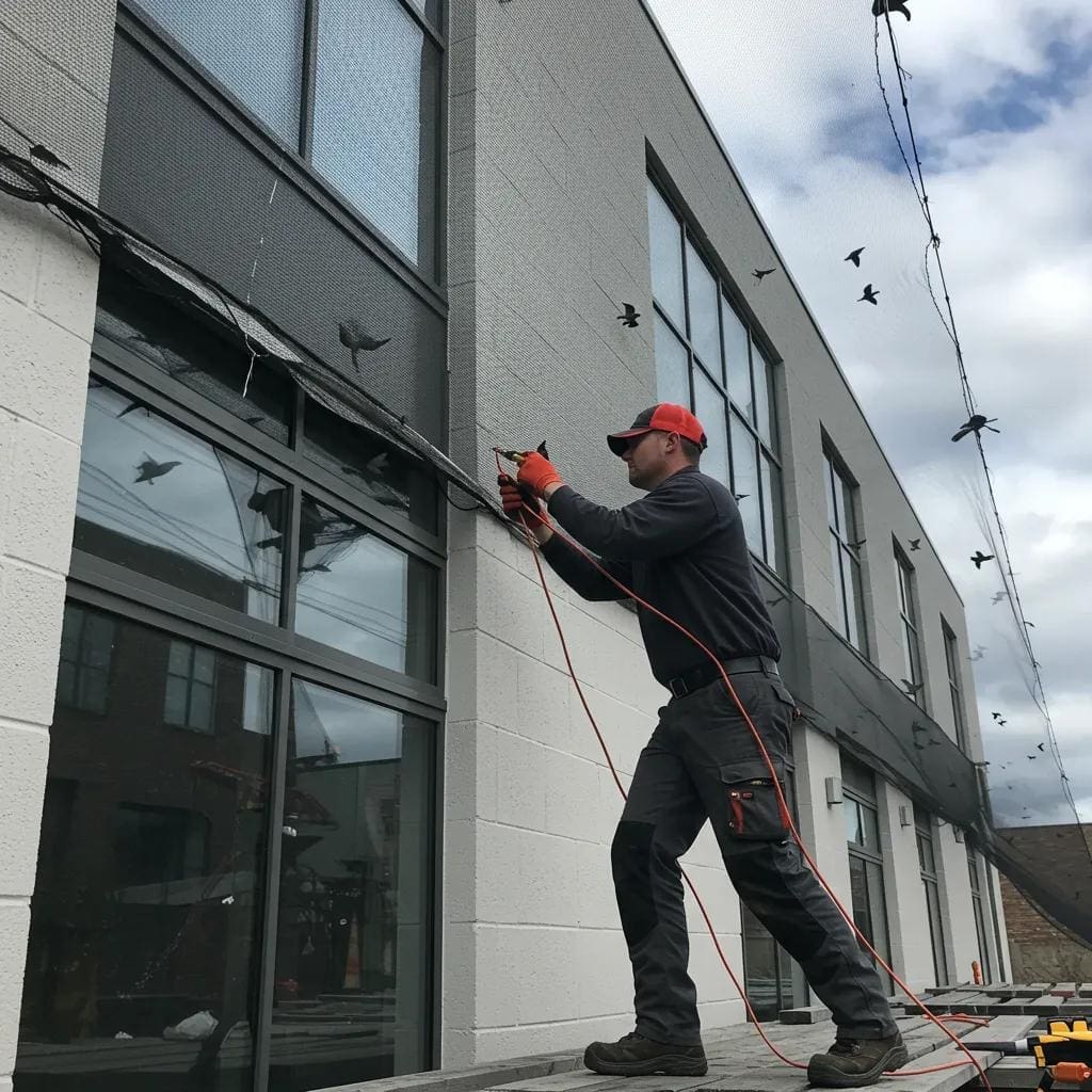 Technician installing bird netting on a commercial building, demonstrating professional installation techniques
