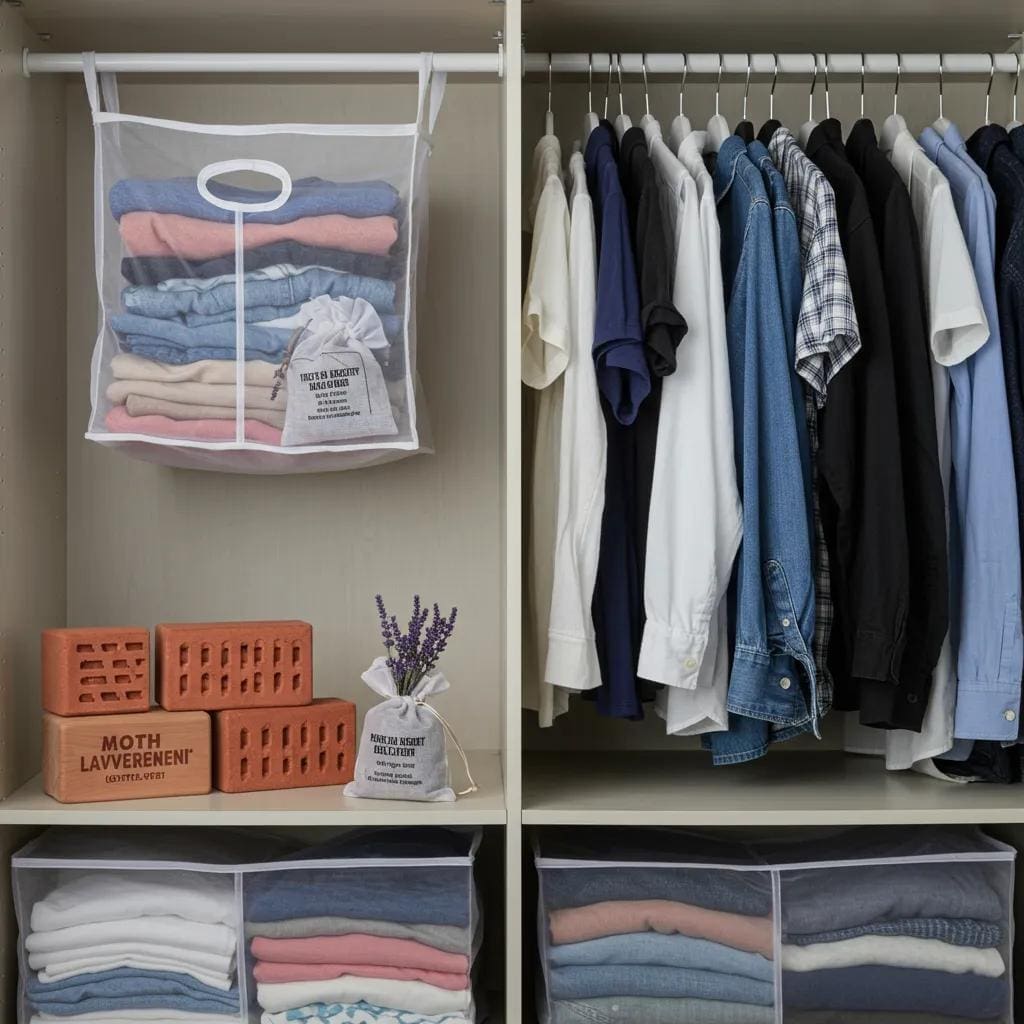 Wardrobe with moth-repellent items like cedar and lavender, showcasing effective moth prevention strategies