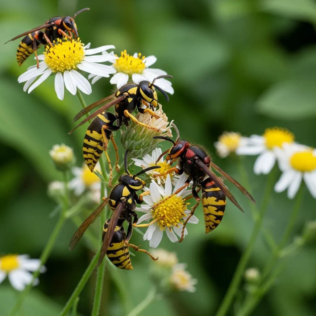 Close-up of a wasp and hornet in a garden, showcasing their distinct features and colors