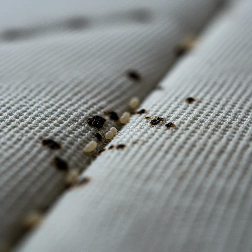 A detailed view of a mattress seam showing evidence of bed bug activity, including dark faecal marks and small white eggs