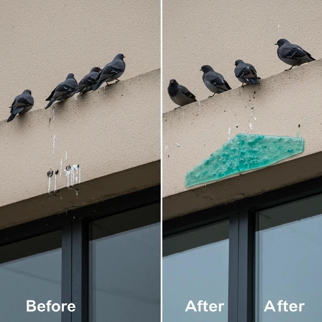 A comparison of a building before and after bird gel application, highlighting the advantages of effective bird control