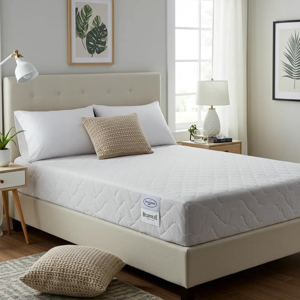 Cozy bedroom with a bed featuring a visible bed bug mattress encasement, emphasizing protection and comfort