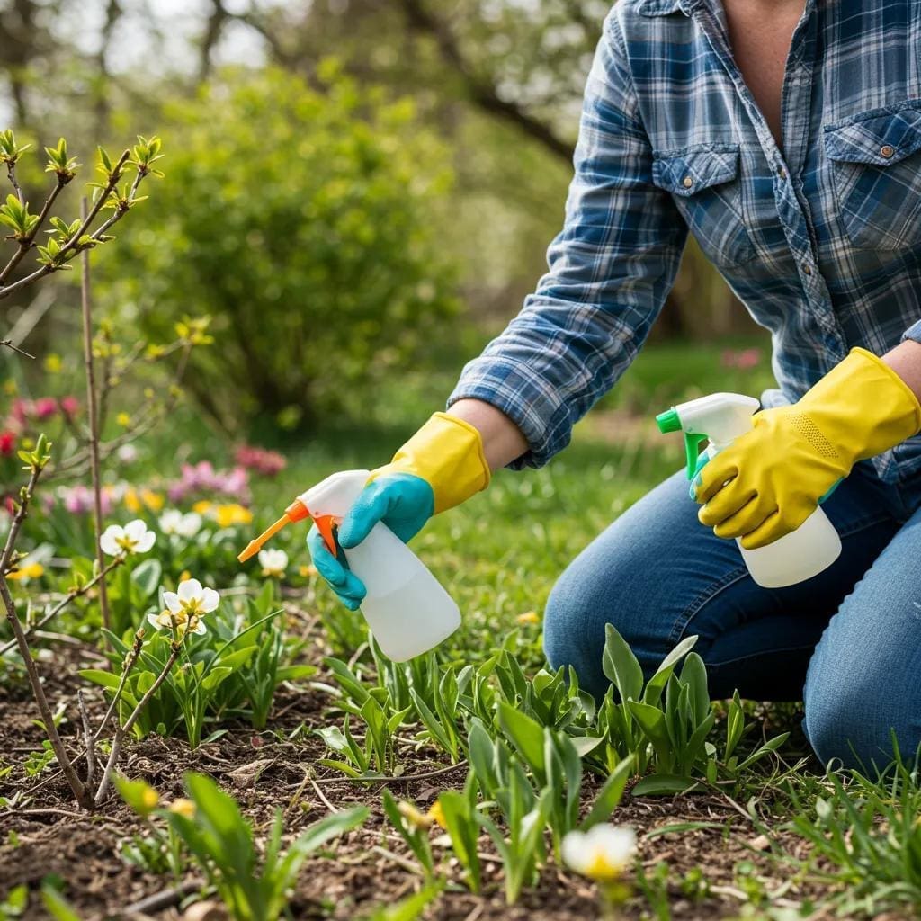 A homeowner carefully inspecting their garden for signs of pests during the spring season