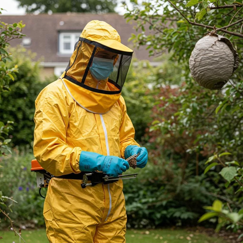 Person in protective gear preparing to remove a wasp nest in a garden