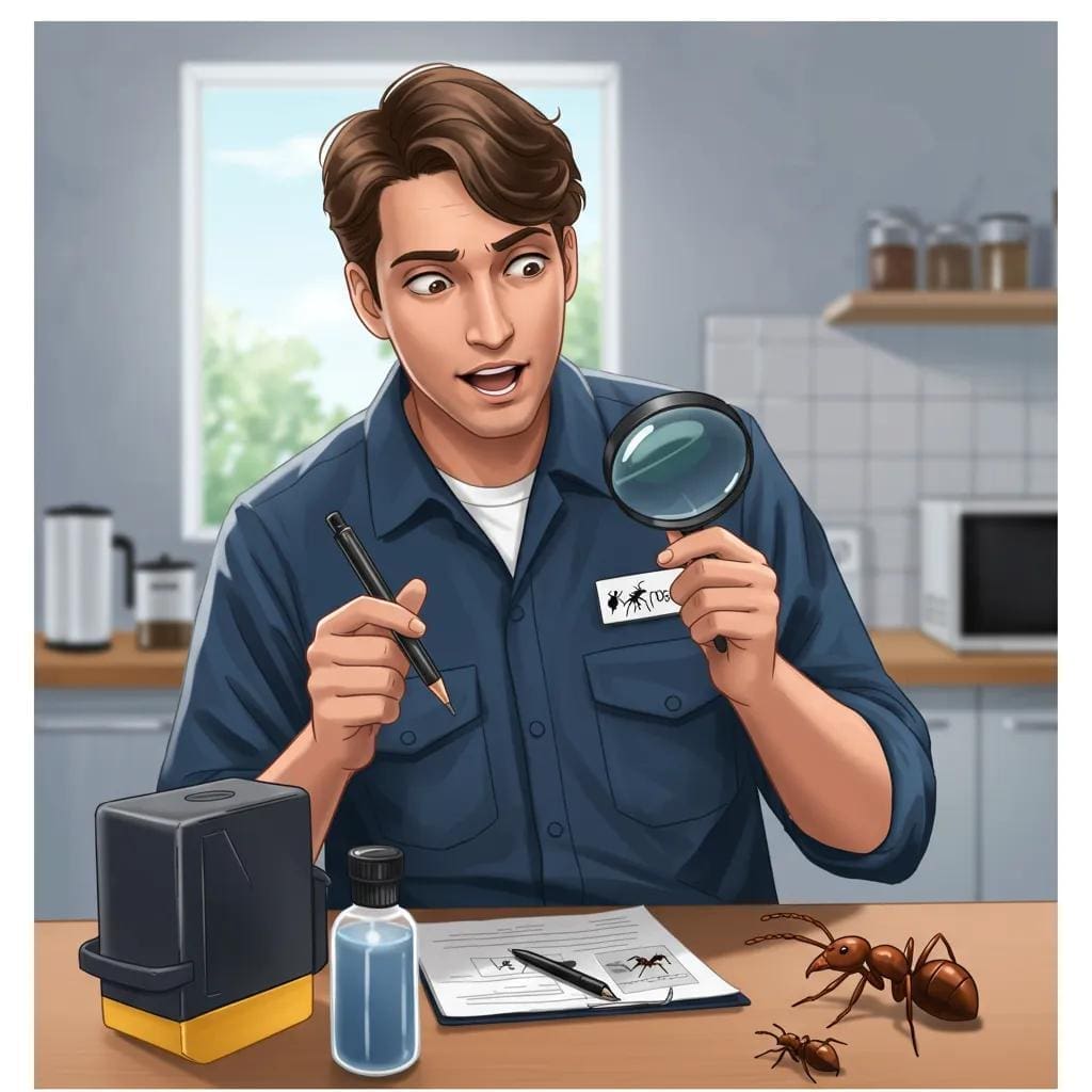 Pest control technician inspecting for ants in a clean kitchen environment