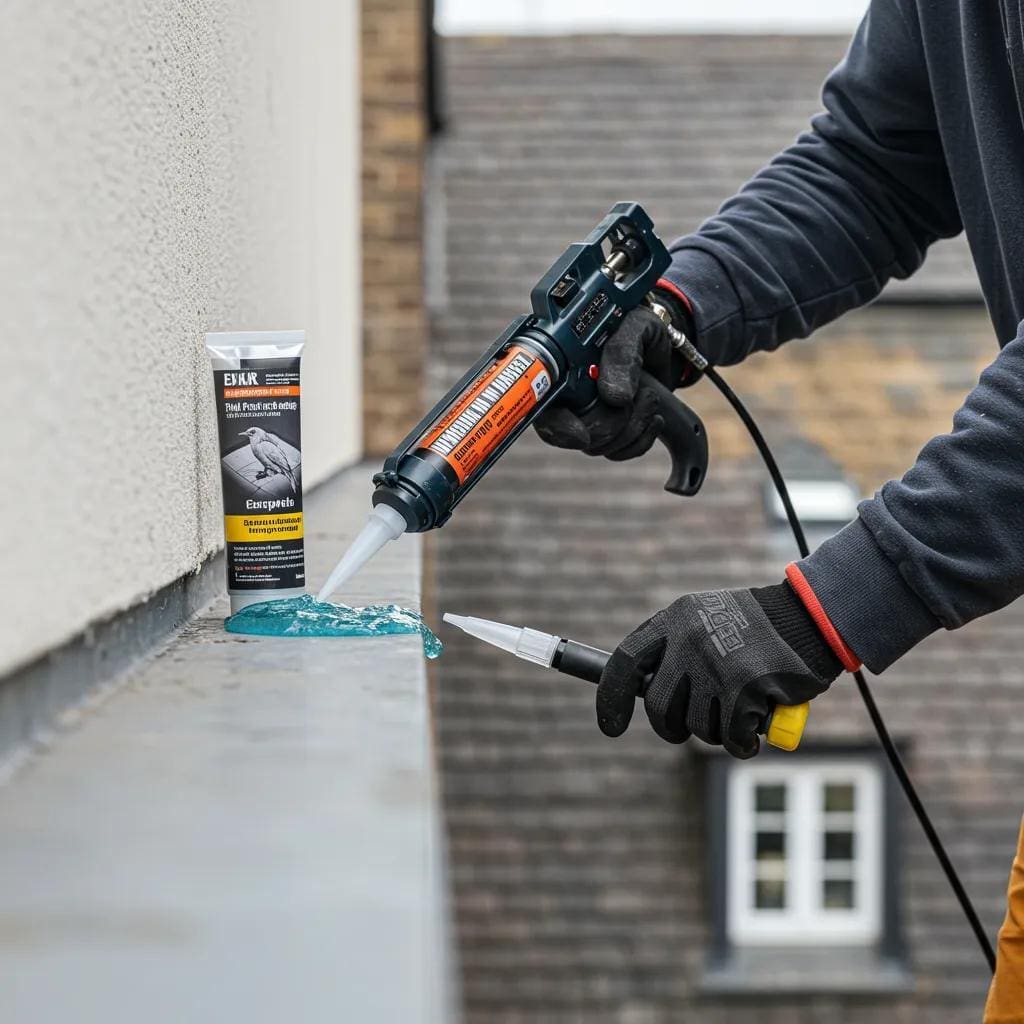 A technician applying bird repellent gel to a ledge using a caulking gun, demonstrating correct application techniques