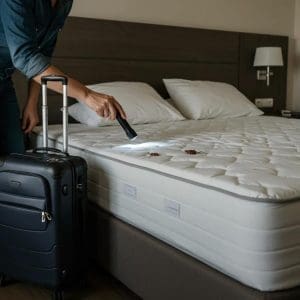 Traveler inspecting hotel bed for bed bugs with luggage nearby