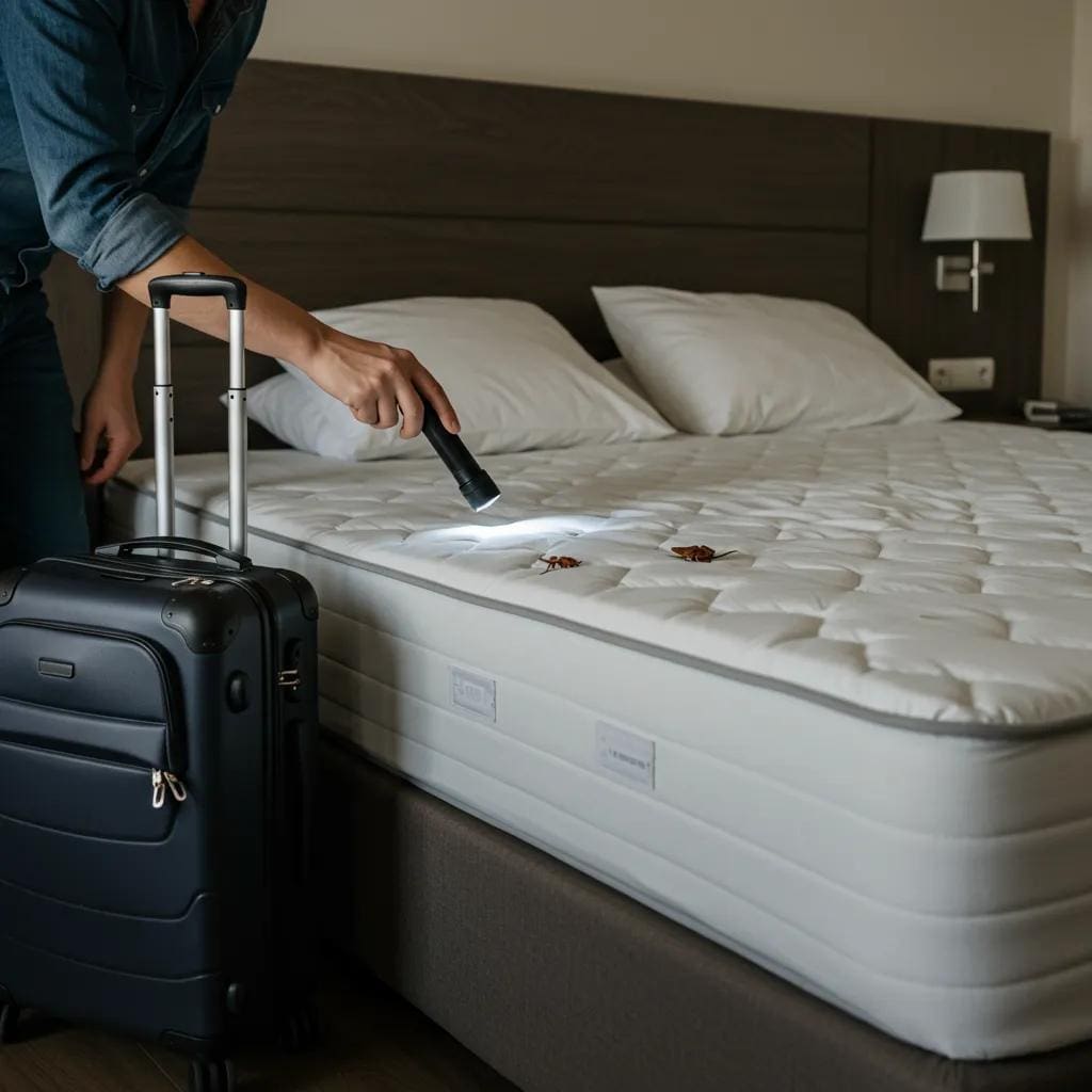 Traveler inspecting hotel bed for bed bugs with luggage nearby
