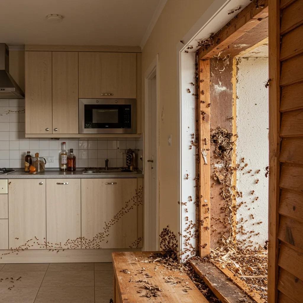 Visible signs of an ant infestation in a home, including ant trails and nests