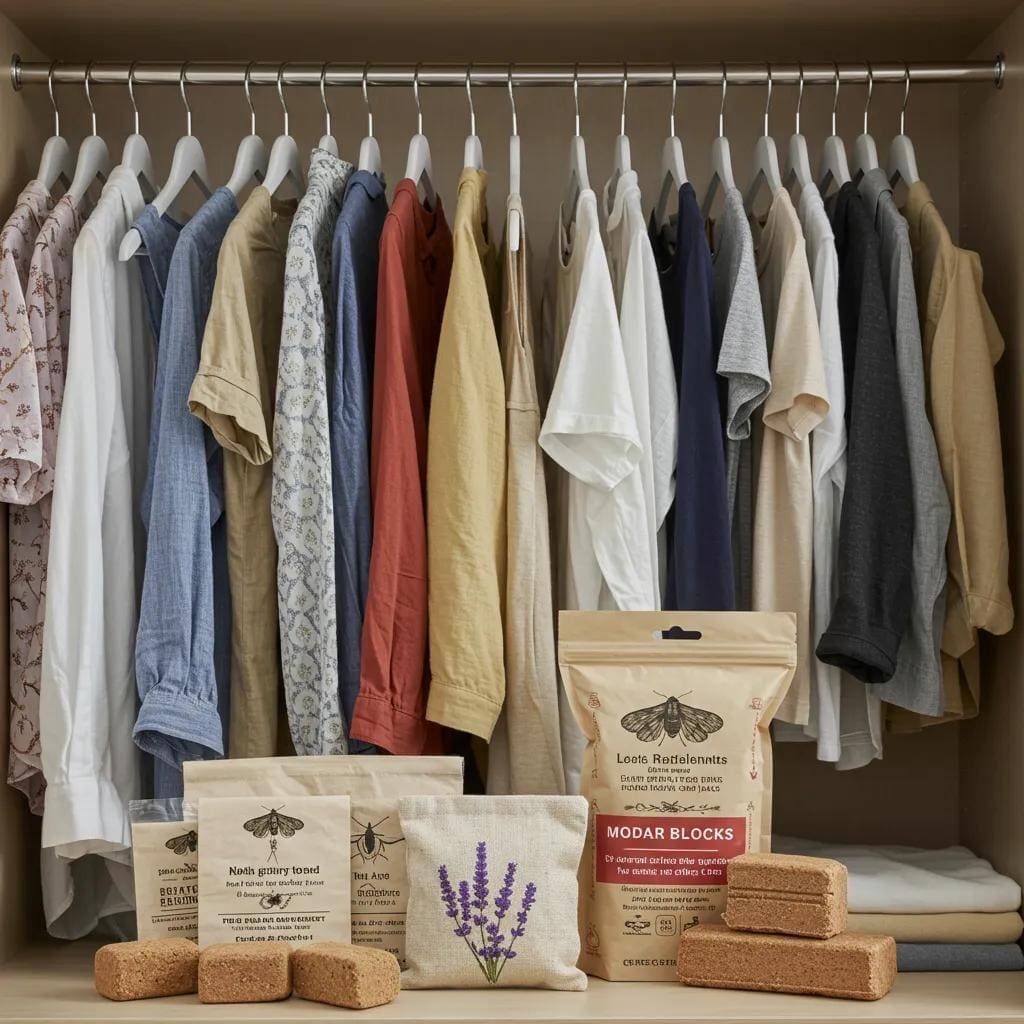 Wardrobe with natural-fiber clothing and moth repellents like cedar and lavender