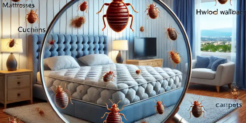 image of bed bugs (Cimex lectularius) magnified under a glass in a bedroom setting, showing their presence in multiple hiding spots such as tufts